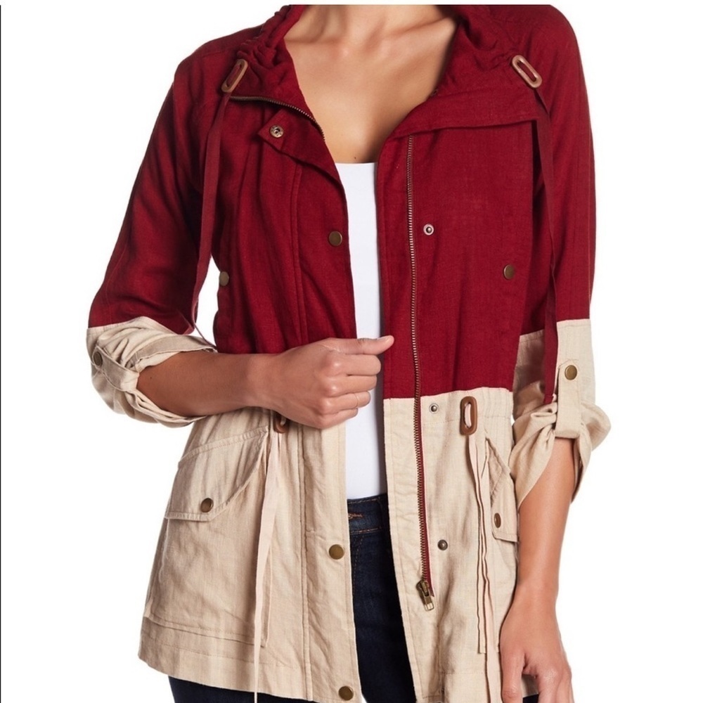 Blu Pepper Burgundy Beige Linen Blend Colorblock Utility Jacket S Boho Gorpcore
